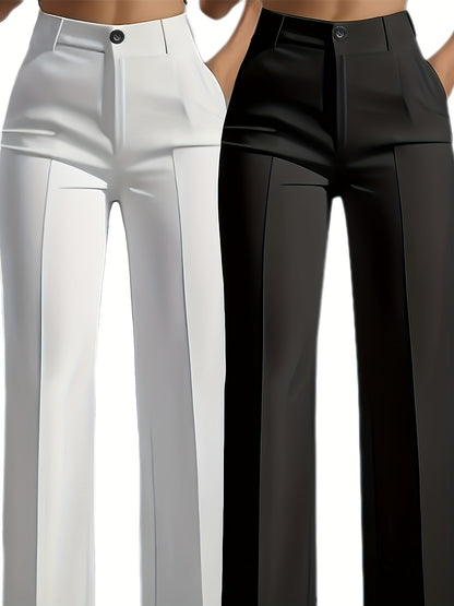 Set of Two Elegant Solid Color Straight-Leg Pants for Women with Slant Pockets.