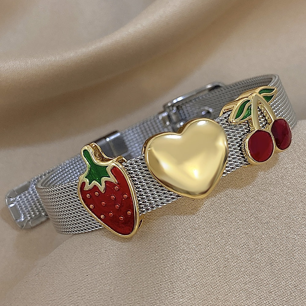 1pc Stainless Steel Vintage-Style Golden & Silvery Enamel Strawberry & Cherry Bracelet for Women, Men, - Exaggerated Statement Bangles, Perfect for Daily Wear, Parties, and Gifts, Cute Bracelet