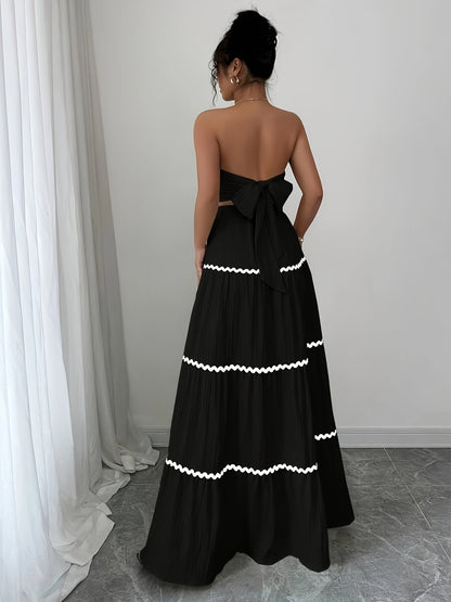 23246-0 Women'S Black and White Striped Maxi Skirt Set - Sleeveless, Tie-Back Detail, Casual Style, All-Season Wear, Casual Attire|Striped Skirt|Polyester Fabric