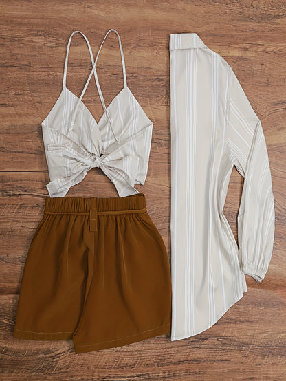 Striped Bralette + Drawstring Skirt + Striped Shirt Three-Piece Set