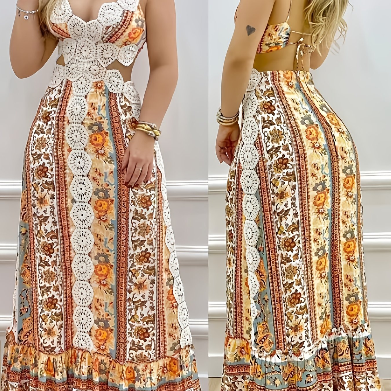 Women'S Elegant Backless Maxi Dress - Sexy Bohemian Floral Print in Orange/Beige/White/Black/Blue/ - Adjustable Drawstring Waist - Formal & Casual Party Wedding Outfit - Lightweight Summer Dress for Women, Dresses for Wedding