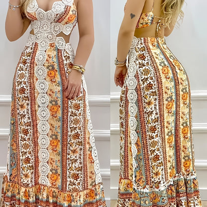 Women'S Elegant Backless Maxi Dress - Sexy Bohemian Floral Print in Orange/Beige/White/Black/Blue/ - Adjustable Drawstring Waist - Formal & Casual Party Wedding Outfit - Lightweight Summer Dress for Women, Dresses for Wedding