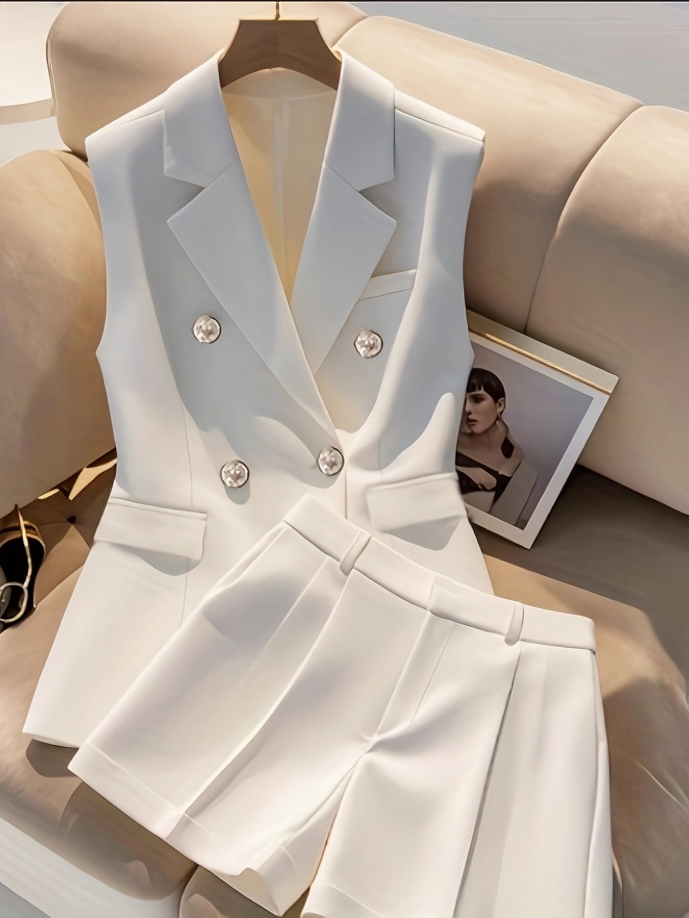 Women's New Solid Color Faux Pocket Vest and Wide-Leg Shorts Set, Stylish Vacation-Inspired Top and Bottoms Outfit