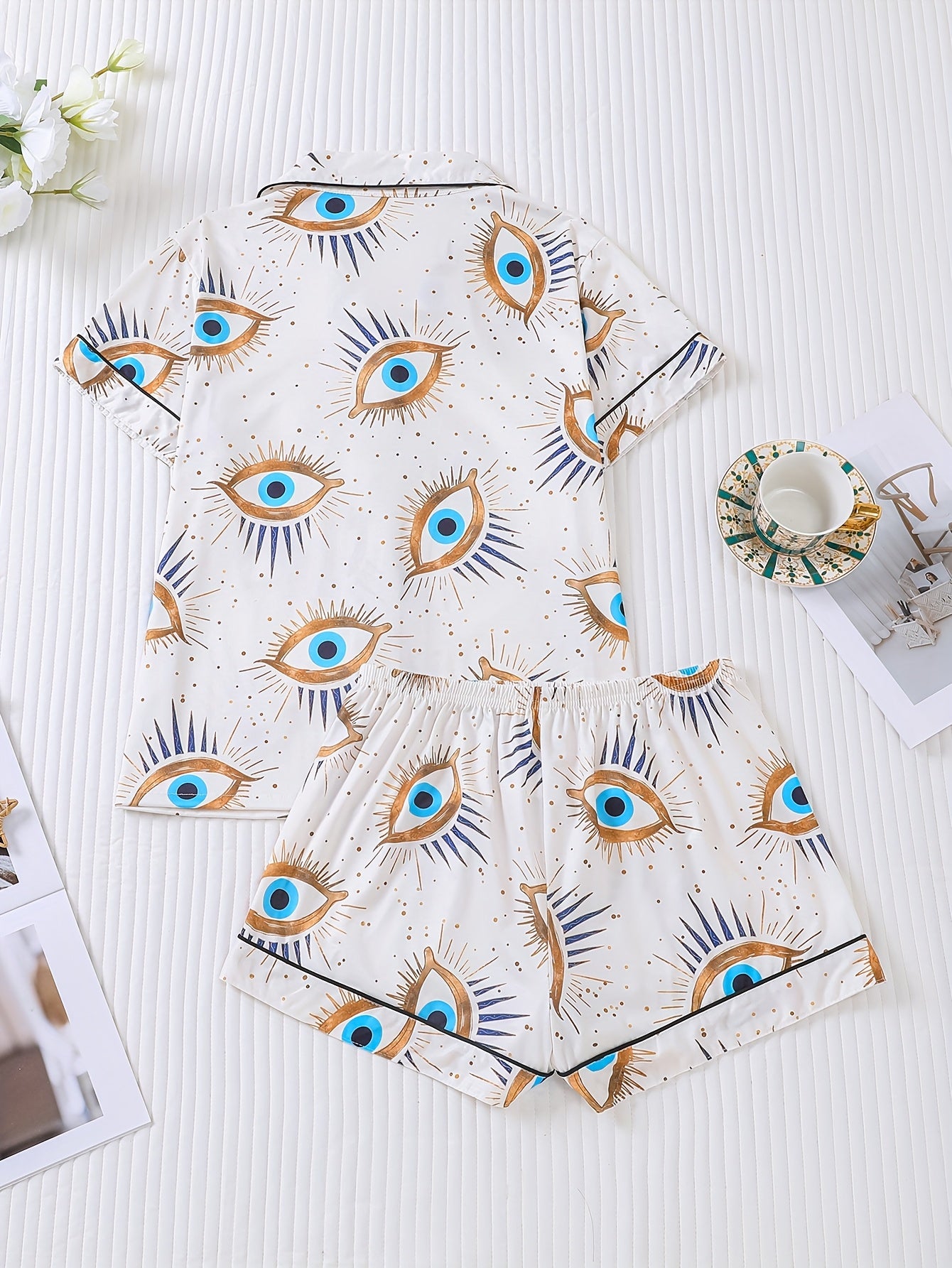 Two Piece Women's Elegant Polyester White Pajama Set with Eye Print, Fabric, All Season Comfort, Short Sleeve Button Top with Collar And Matching Shorts, with All Over Print And Pocket Details, Perfect for Adults Pajama Set