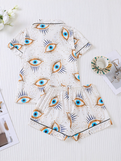 Two Piece Women's Elegant Polyester White Pajama Set with Eye Print, Fabric, All Season Comfort, Short Sleeve Button Top with Collar And Matching Shorts, with All Over Print And Pocket Details, Perfect for Adults Pajama Set