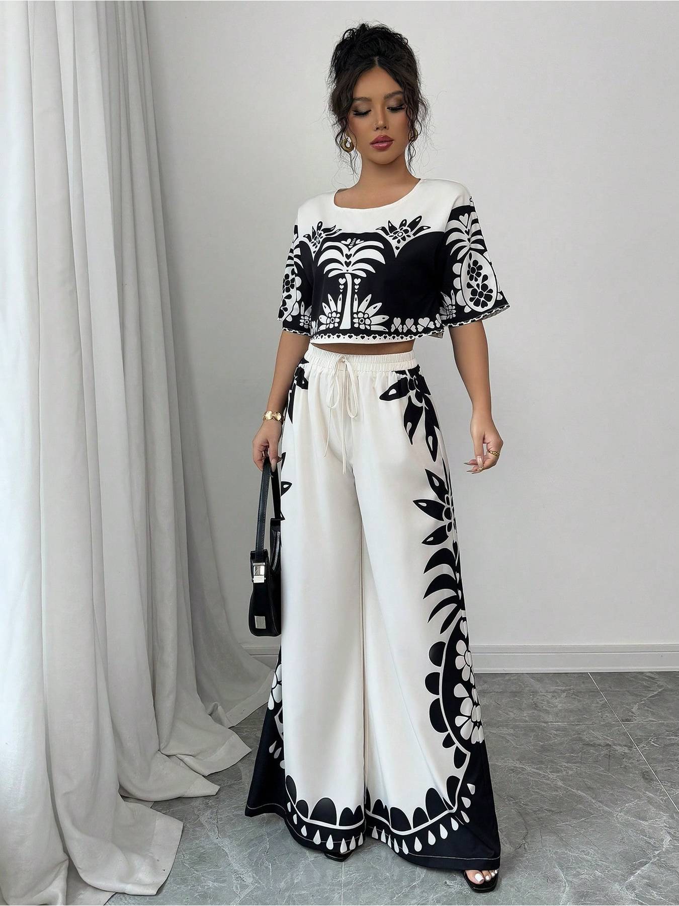 Digital Printing Positioning Floral Wide-Leg Pants Two-Piece Set