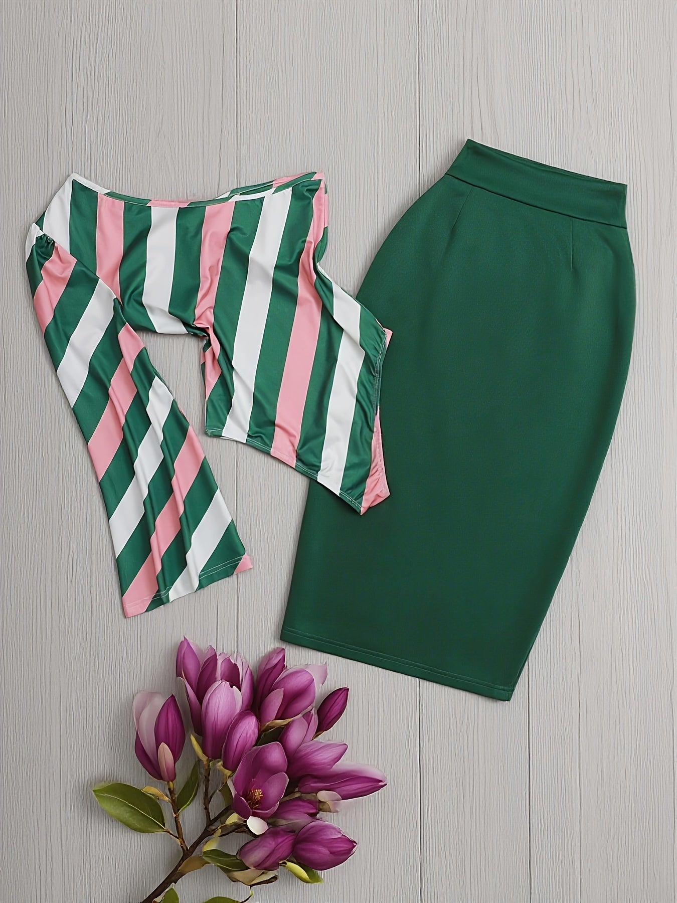 2pcs Striped Top + Green Skirt Set