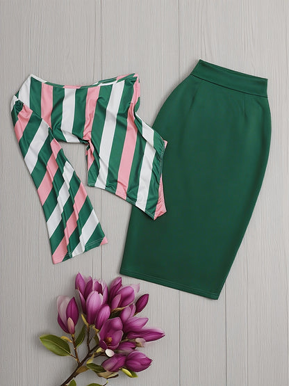 2pcs Striped Top + Green Skirt Set