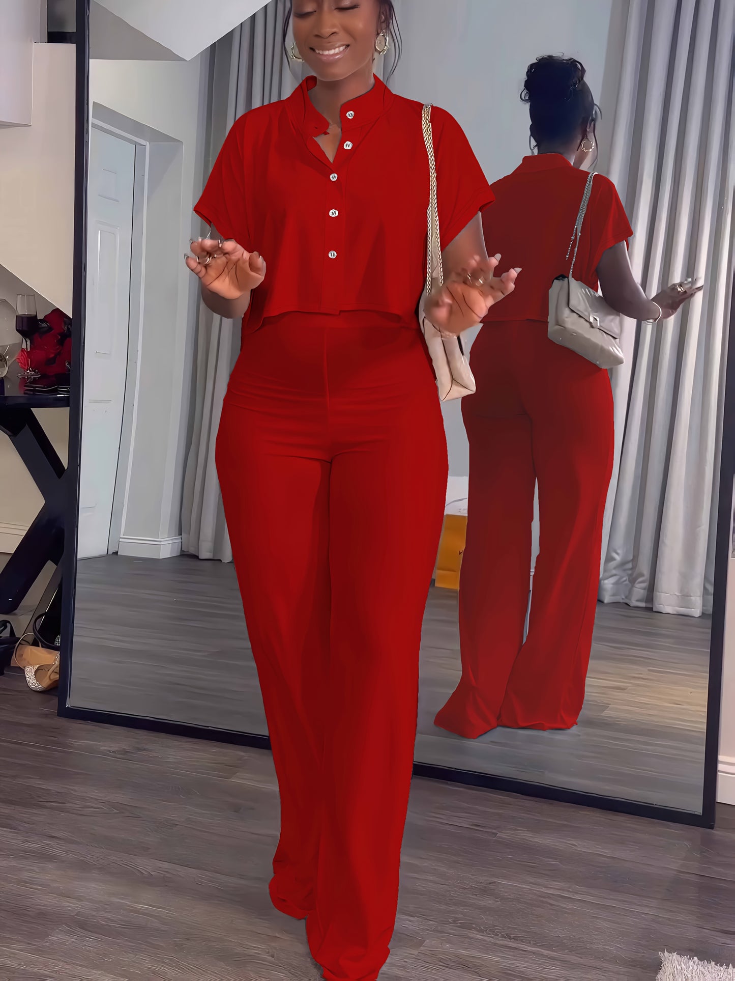 [Summer|Casual] 2pcs Women's Summer Casual | Short Sleeve Button Crop Top Wide Leg Long Pant Lounge Sets