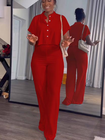 [Summer|Casual] 2pcs Women's Summer Casual | Short Sleeve Button Crop Top Wide Leg Long Pant Lounge Sets