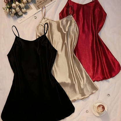 3pcs Comfortable Solid Color Satin Sleeping Skirt Non Elastic Soft Fabric Sexy V-neck Strap Skirt Home Sleeping Skirt