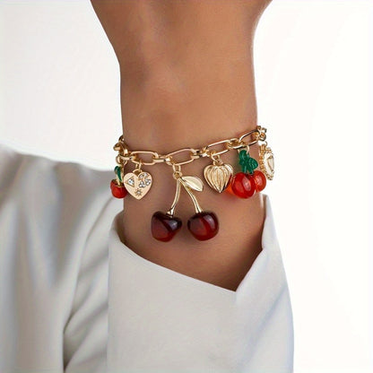 Women's Cherry Bracelet - Red & Golden-Tone Charms, Everyday & Formal Jewelry Gift for Birthdays, Anniversaries, Valentine's Day - Cute Cherry Jewelry for Women s, Cute Jewelry, Playful Design, Delicate Clasp