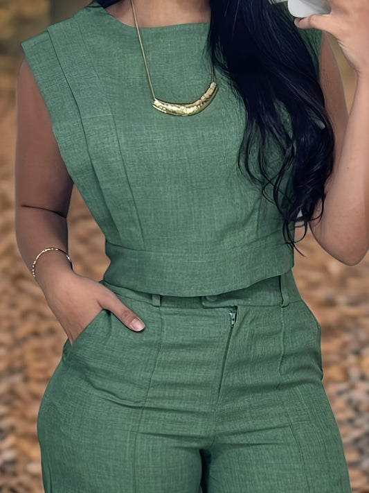 [Casual Top Set] 2pcs Crop Top And Straight Pants Set | Round Neck Cap Sleeve Casual Pocket Design