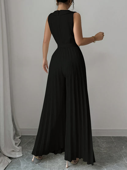 [Elegant Jumpsuit] Sleeveless Elegant Apricot Double-Breasted Pleated Jumpsuit for Women | High-Waisted, Polyester Blend, Perfect for Spring & Fall, Adult Size