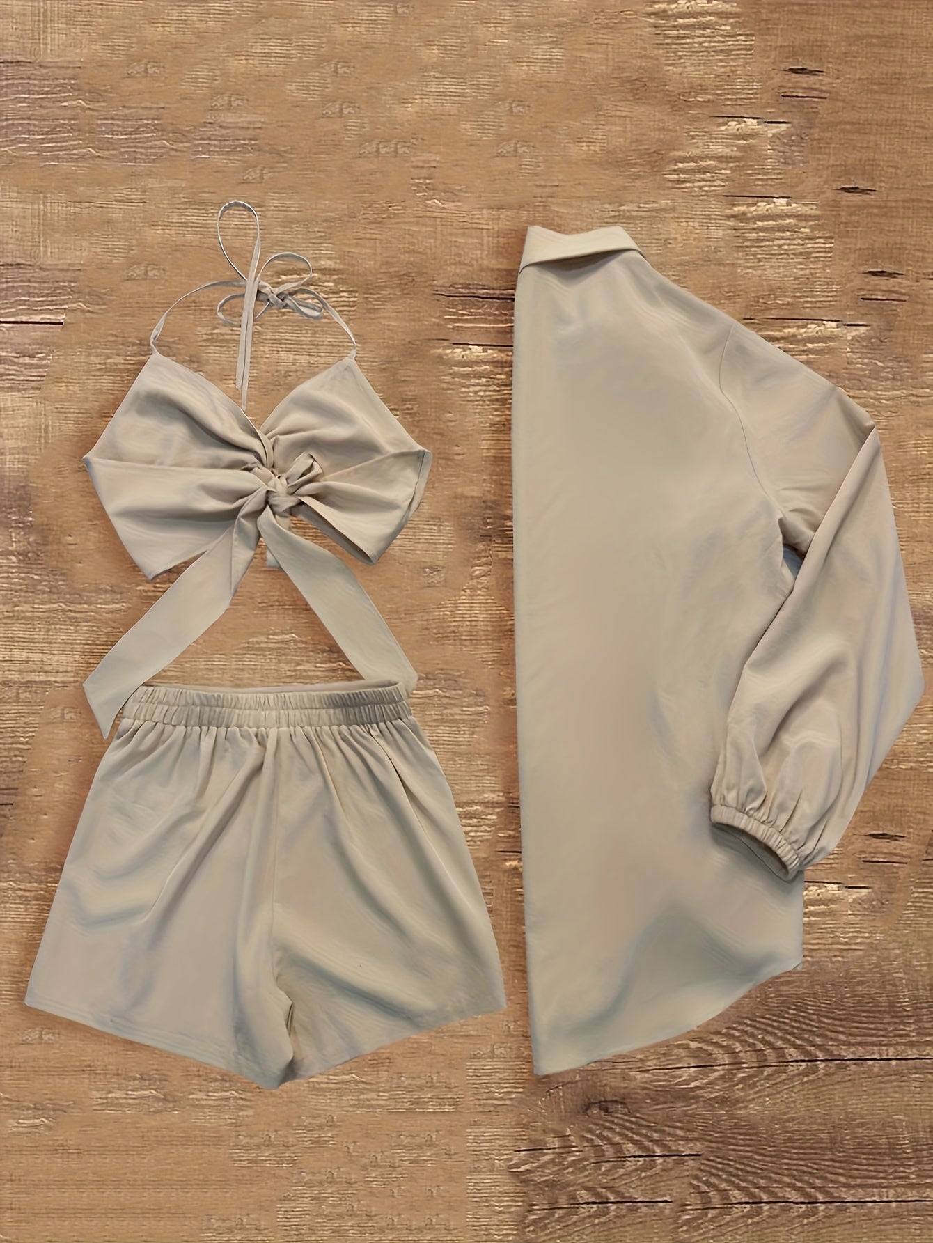The 'Khaki Style' Set Includes a Cross-Strap Tank Top, Loose Shorts, And a Long-Sleeve Shirt, Unlocking a New Trend for Vacation Leisure.