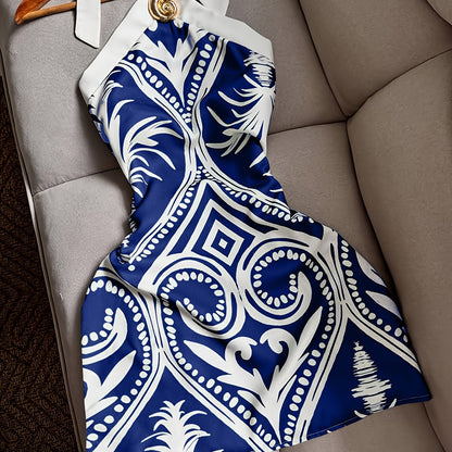 Women'S Y2K Style Cross Neck Halter Dress - Blue & White Floral Print, Sleeveless Bodycon Mini Dress for Summer Vacation, Date Night & Party Wear, Fitted Silhouette, Party Attire, Elegant Neckline, Comfortable Fit