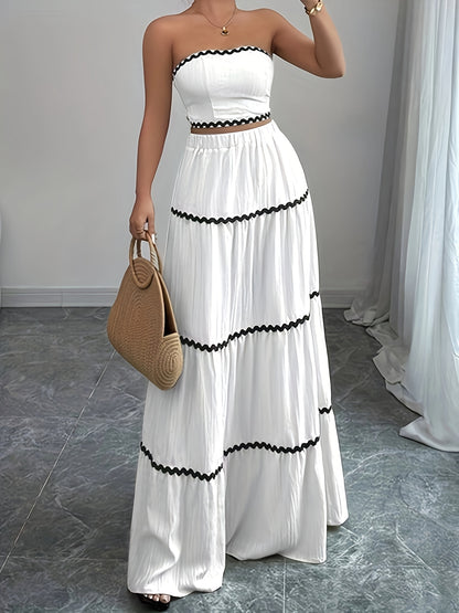 23246-0 Women'S Black and White Striped Maxi Skirt Set - Sleeveless, Tie-Back Detail, Casual Style, All-Season Wear, Casual Attire|Striped Skirt|Polyester Fabric