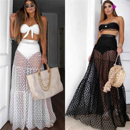 Summer Swimwear Women Maxi Skirt See Through Polka Dot Pleated Retro Swimsuit Bikini Cover Up Elastic Waist Bathing Skirts
