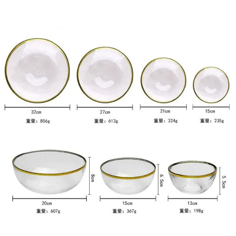 Ins Gold Gdge Glass Plate Bowl, Nordic Tableware, Steak Plate Creative Tray, Fruit Salad Transparent Colorful Plates, 1 piece
