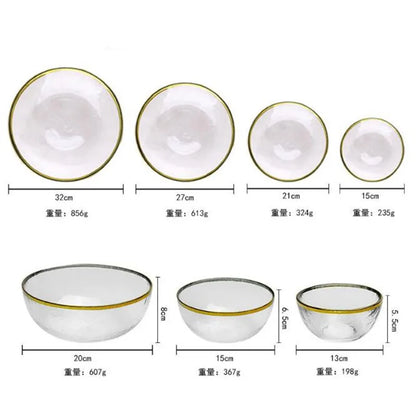 Ins Gold Gdge Glass Plate Bowl, Nordic Tableware, Steak Plate Creative Tray, Fruit Salad Transparent Colorful Plates, 1 piece