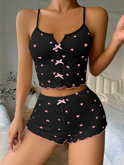 Fashion Wind Ladies' Homewear 2025 New Arrival Knitting Pit Heart Printing Stylish Suspender Shorts Pajamas Suit