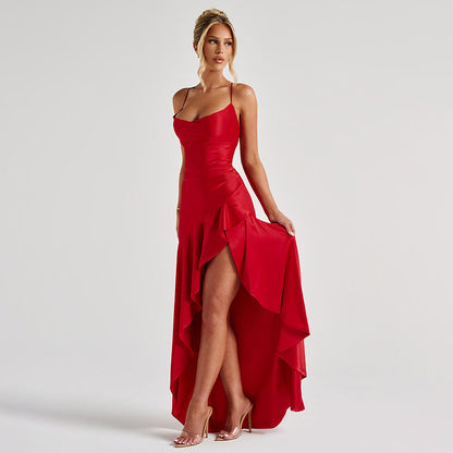 Summer 2025 new temperament elegant satin long skirt personality suspender ruffle high slit dress club clothing Vestidos