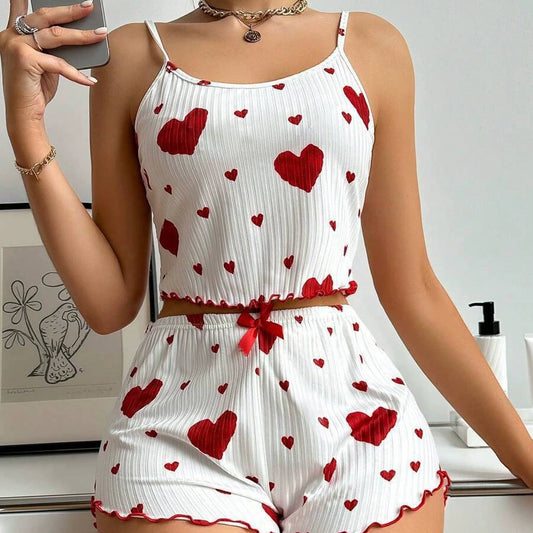 Fashion Wind Ladies' Homewear 2025 New Arrival Knitting Pit Heart Printing Stylish Suspender Shorts Pajamas Suit