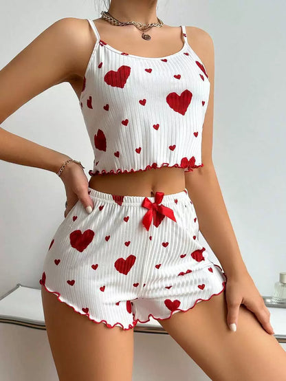 Fashion Wind Ladies' Homewear 2025 New Arrival Knitting Pit Heart Printing Stylish Suspender Shorts Pajamas Suit