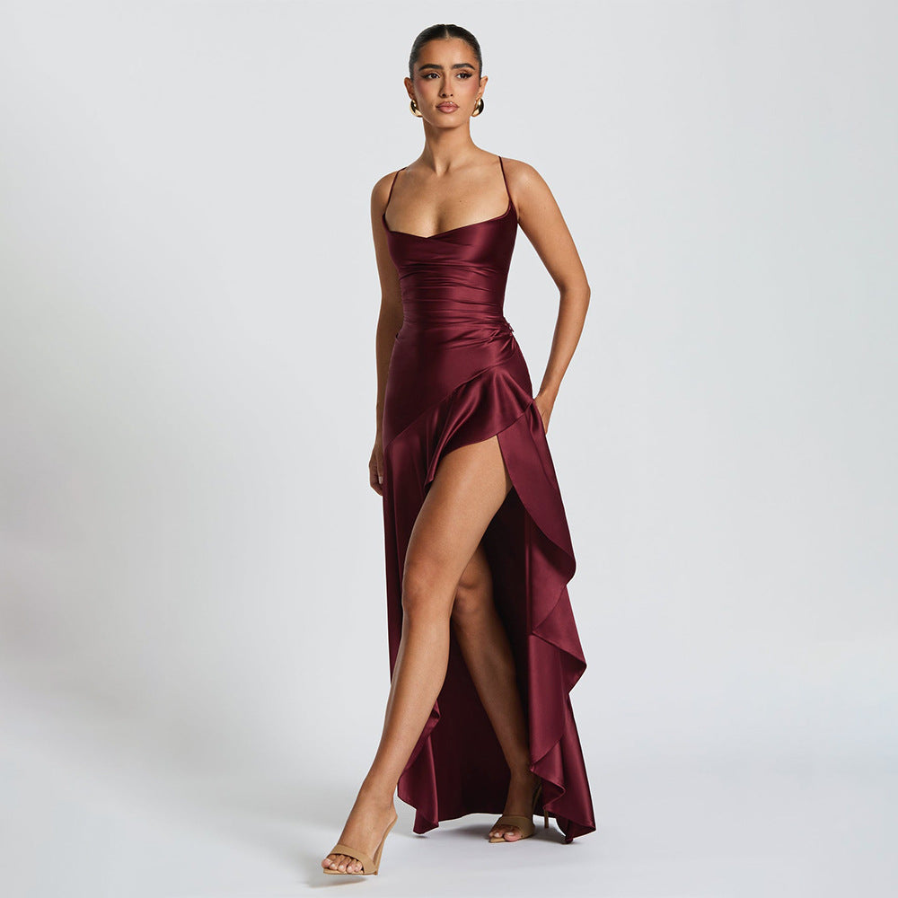 Summer 2025 new temperament elegant satin long skirt personality suspender ruffle high slit dress club clothing Vestidos