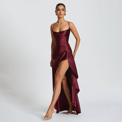 Summer 2025 new temperament elegant satin long skirt personality suspender ruffle high slit dress club clothing Vestidos