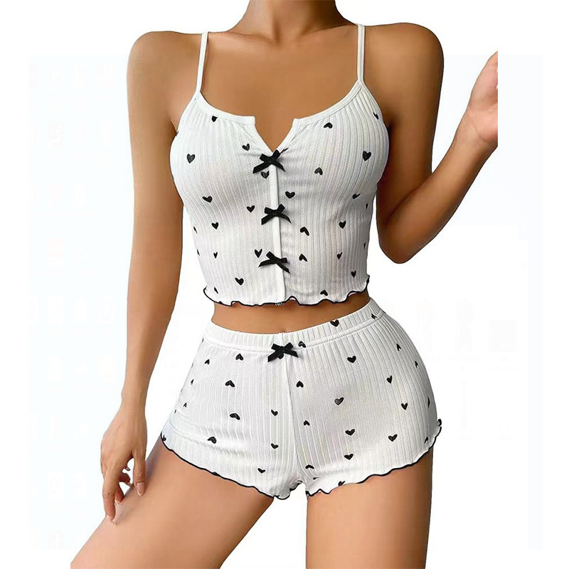 Fashion Wind Ladies' Homewear 2025 New Arrival Knitting Pit Heart Printing Stylish Suspender Shorts Pajamas Suit