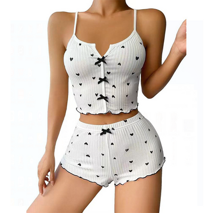 Fashion Wind Ladies' Homewear 2025 New Arrival Knitting Pit Heart Printing Stylish Suspender Shorts Pajamas Suit
