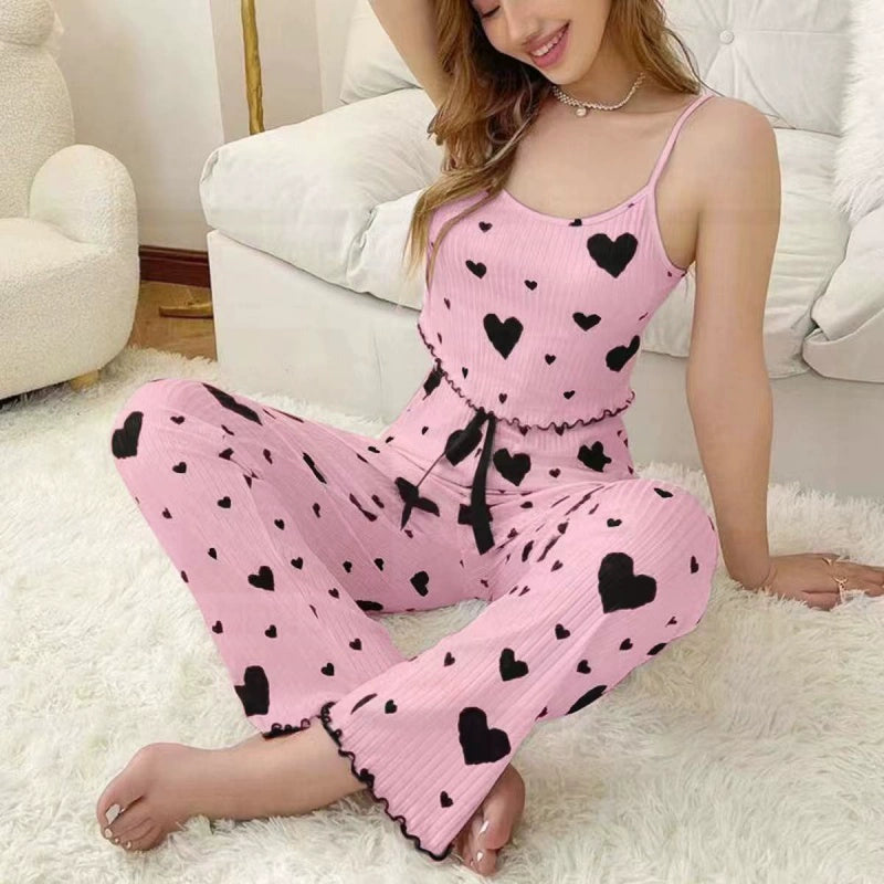 Fashion Wind Ladies' Homewear 2025 New Arrival Knitting Pit Heart Printing Stylish Suspender Shorts Pajamas Suit