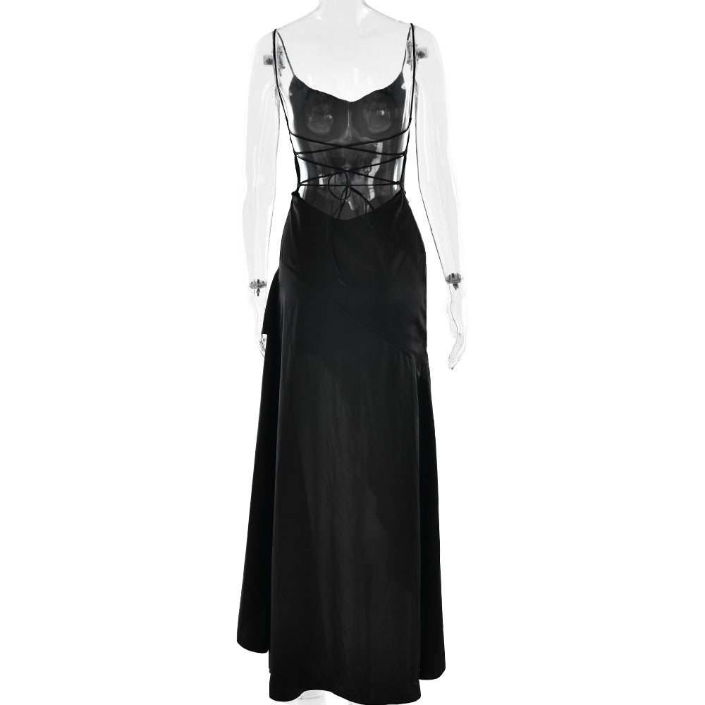 Summer 2025 new temperament elegant satin long skirt personality suspender ruffle high slit dress club clothing Vestidos