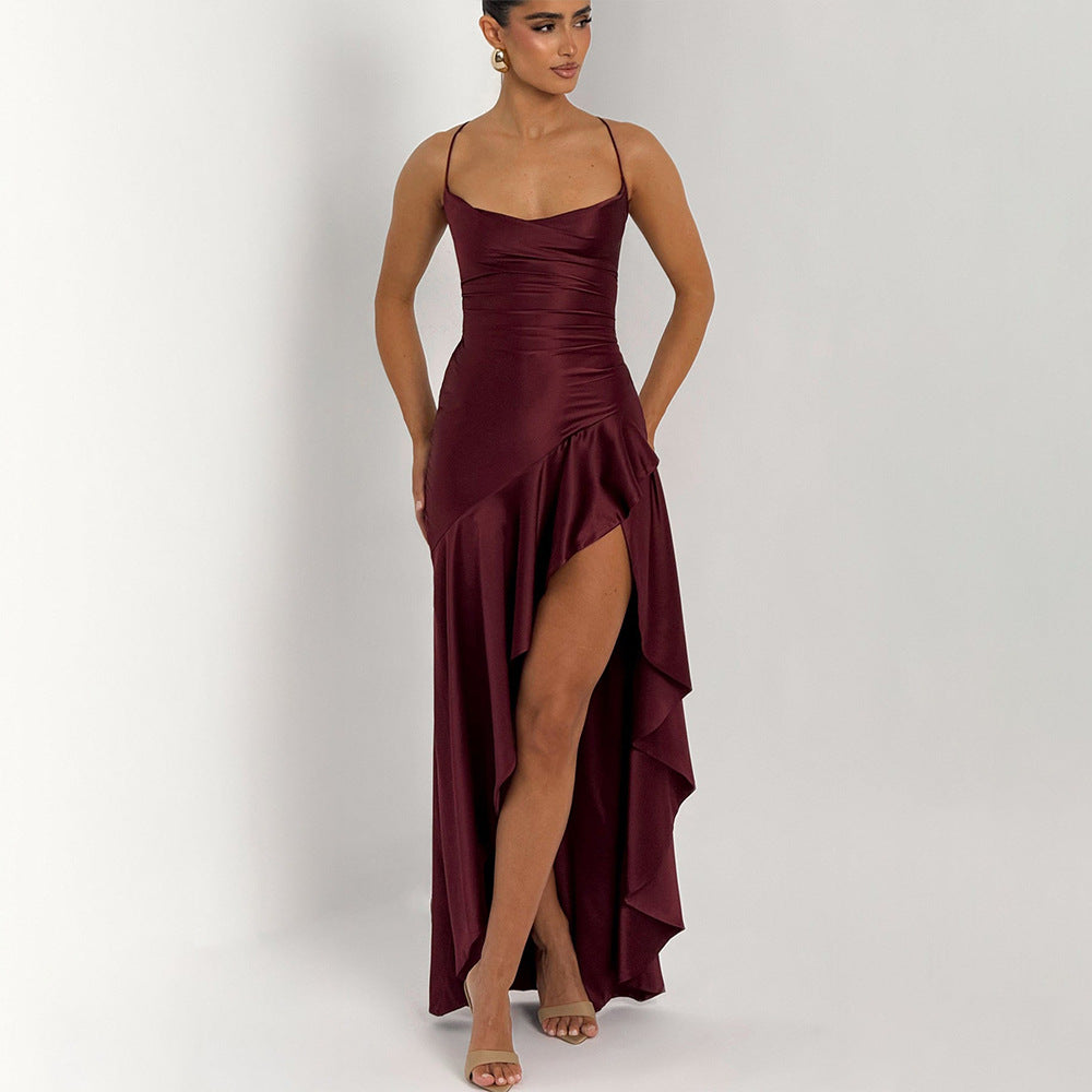 Summer 2025 new temperament elegant satin long skirt personality suspender ruffle high slit dress club clothing Vestidos