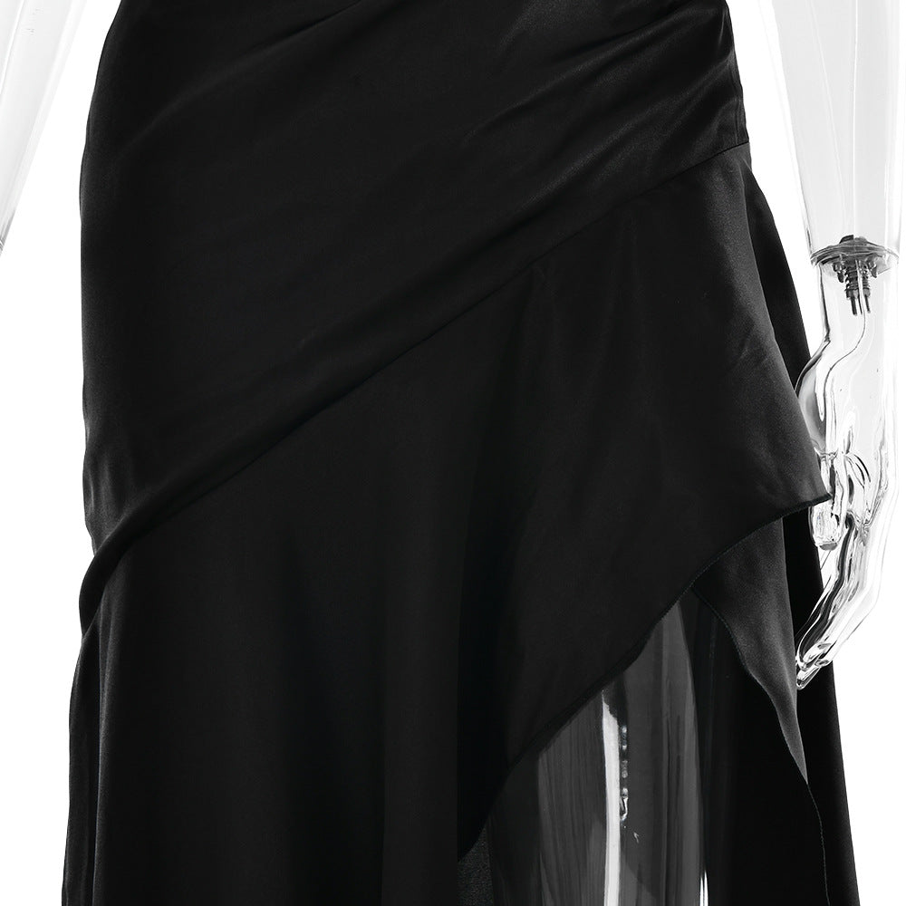 Summer 2025 new temperament elegant satin long skirt personality suspender ruffle high slit dress club clothing Vestidos
