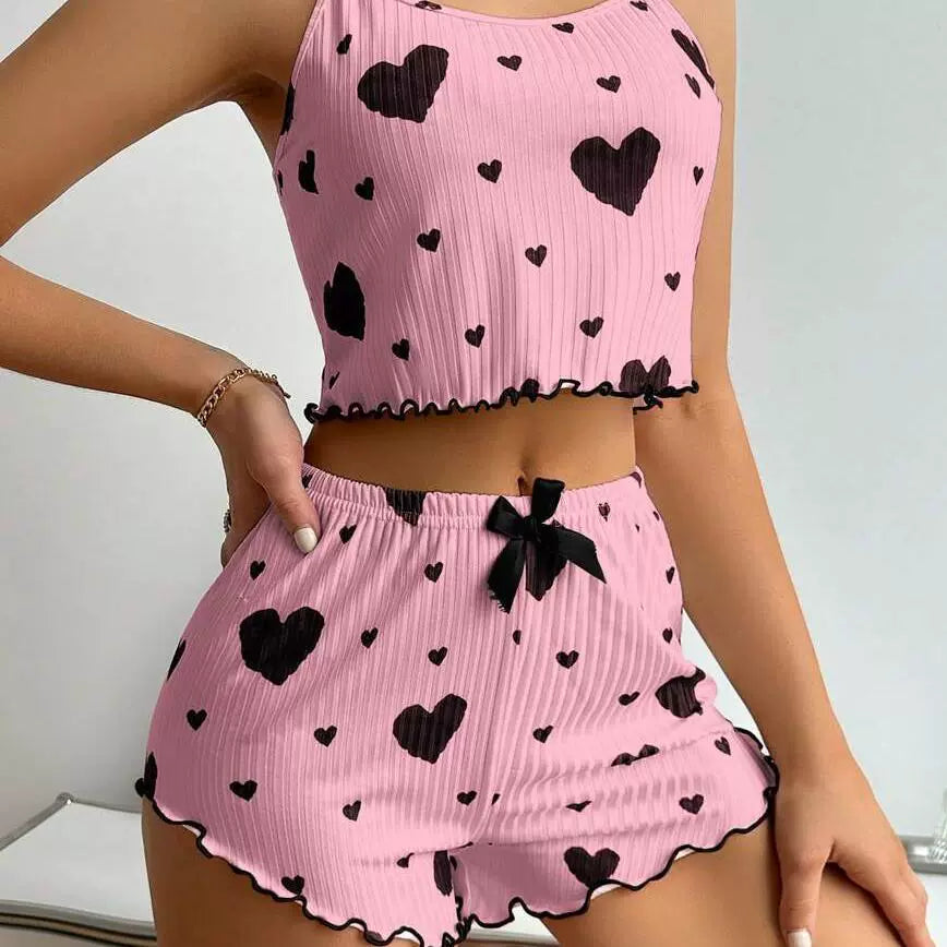 Fashion Wind Ladies' Homewear 2025 New Arrival Knitting Pit Heart Printing Stylish Suspender Shorts Pajamas Suit