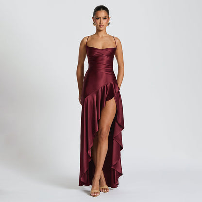 Summer 2025 new temperament elegant satin long skirt personality suspender ruffle high slit dress club clothing Vestidos