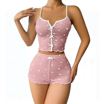 Fashion Wind Ladies' Homewear 2025 New Arrival Knitting Pit Heart Printing Stylish Suspender Shorts Pajamas Suit