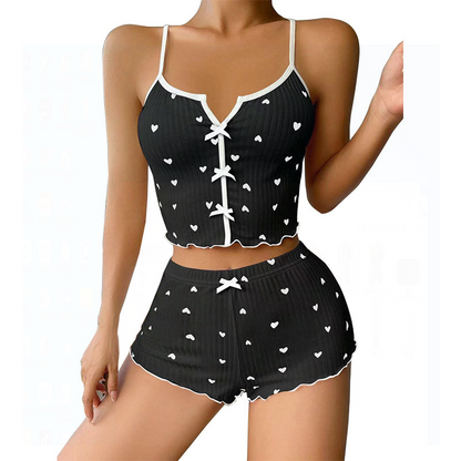 Fashion Wind Ladies' Homewear 2025 New Arrival Knitting Pit Heart Printing Stylish Suspender Shorts Pajamas Suit