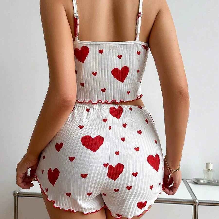 Fashion Wind Ladies' Homewear 2025 New Arrival Knitting Pit Heart Printing Stylish Suspender Shorts Pajamas Suit