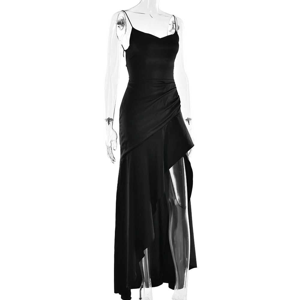 Summer 2025 new temperament elegant satin long skirt personality suspender ruffle high slit dress club clothing Vestidos