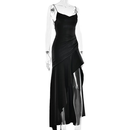 Summer 2025 new temperament elegant satin long skirt personality suspender ruffle high slit dress club clothing Vestidos