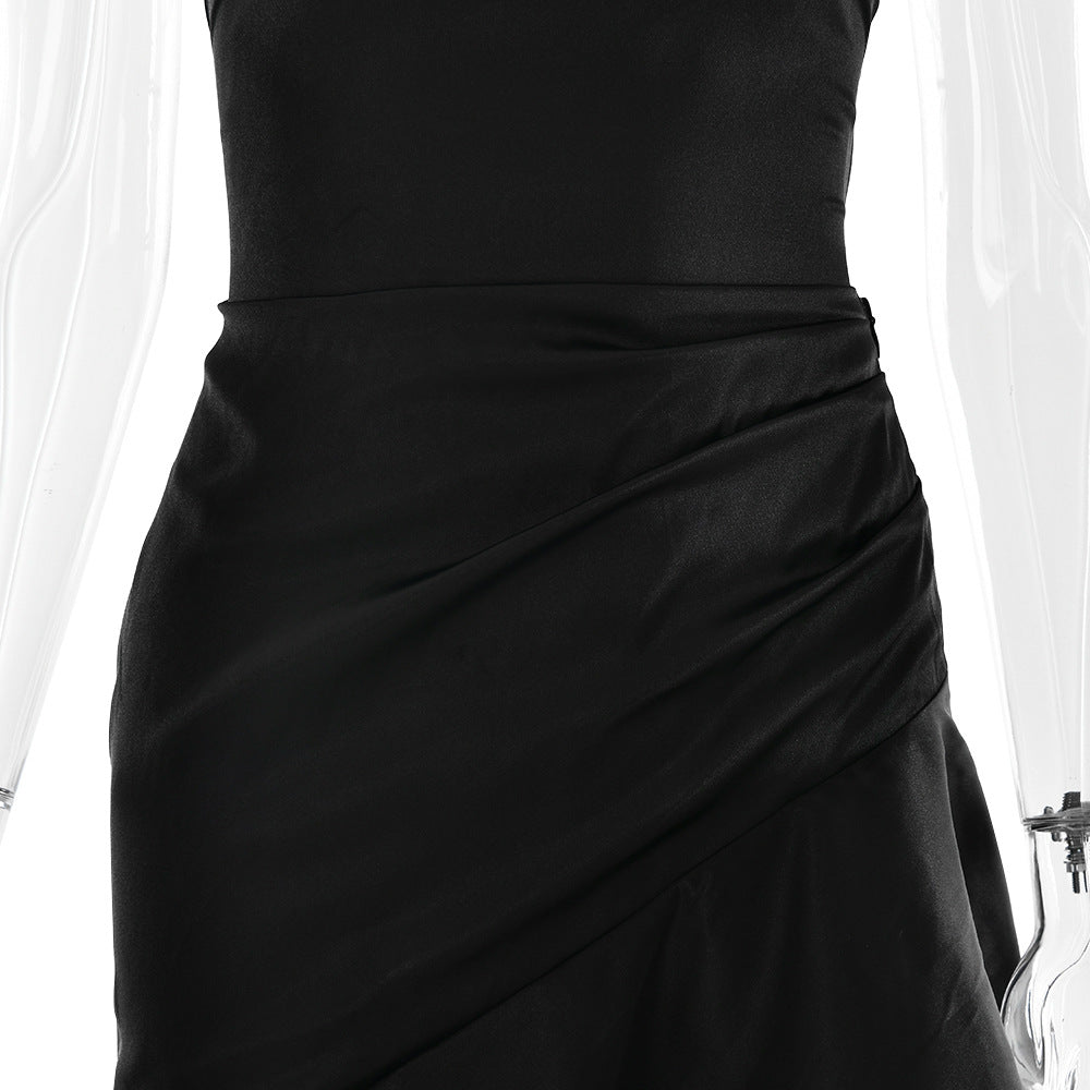 Summer 2025 new temperament elegant satin long skirt personality suspender ruffle high slit dress club clothing Vestidos