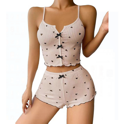 Fashion Wind Ladies' Homewear 2025 New Arrival Knitting Pit Heart Printing Stylish Suspender Shorts Pajamas Suit