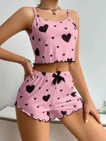 Fashion Wind Ladies' Homewear 2025 New Arrival Knitting Pit Heart Printing Stylish Suspender Shorts Pajamas Suit
