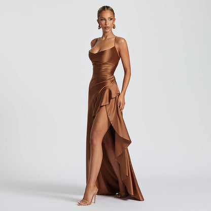 Summer 2025 new temperament elegant satin long skirt personality suspender ruffle high slit dress club clothing Vestidos