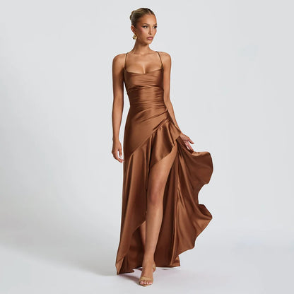 Summer 2025 new temperament elegant satin long skirt personality suspender ruffle high slit dress club clothing Vestidos