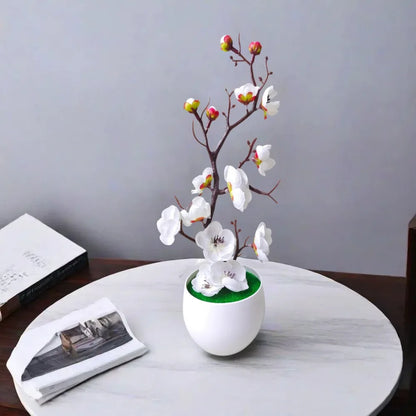 Lifelike Artificial Plum Flower Tree Mini Potted Plant Faux Wax Bonsai for Indoor Outdoor Tabletop Garden Home Hotel Decor