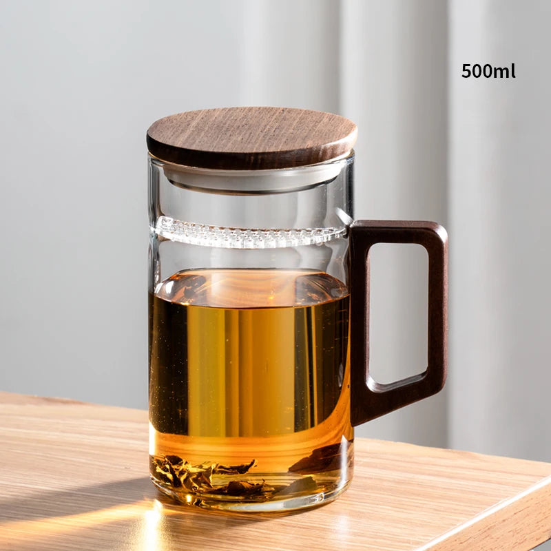 GIANXI 500ML Drinkware Transparent Glass Cup With wooden Lid Wooden Handle Coffee Mug Kitchen Tea Making Cup Coffeeware Teaware